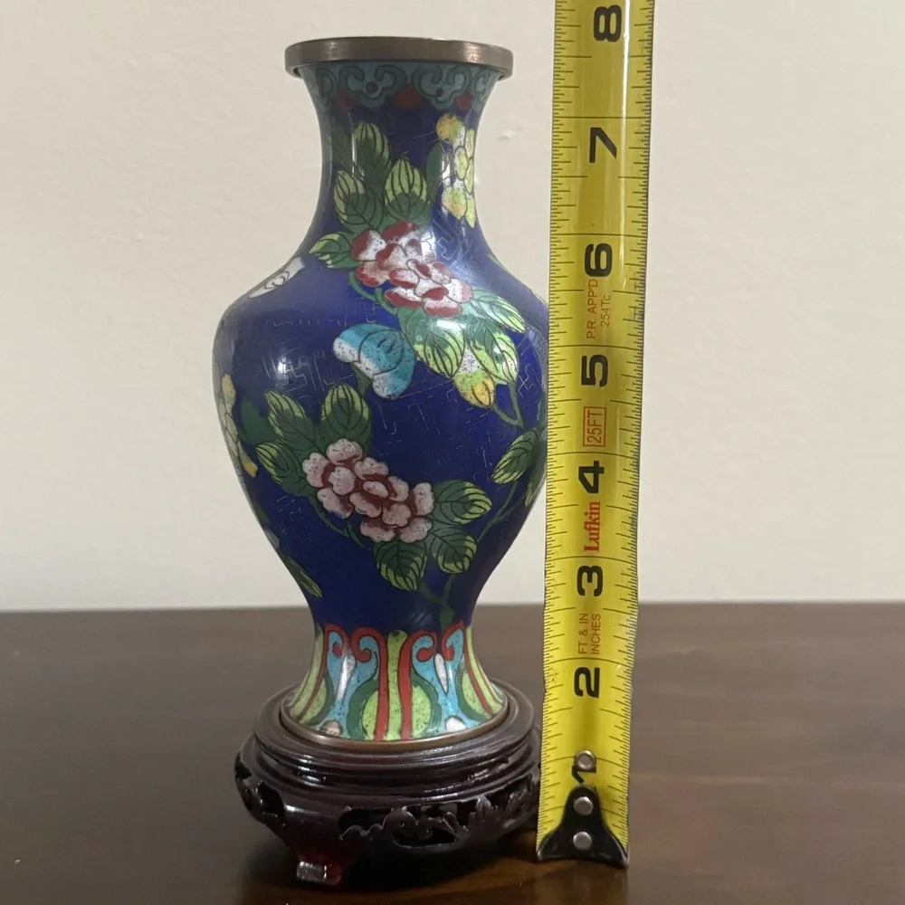 Vintage Blue Cloisonné Floral Vase with Carved Wood Base - Picture 4 of 11